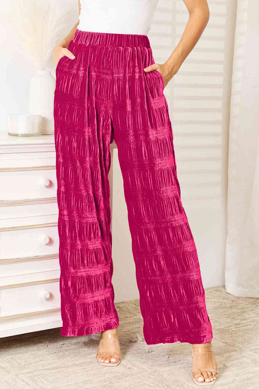 High Waist Tiered Shirring Velvet Wide Leg Pants - Kawaii Stop - Comfortable Fit, Double Take, Dramatic Style, Effortless Chic, Fashion and Functionality, High Waist, High-Quality Material, Opaque Fabric, Pockets for Convenience, Ship from USA, Tiered Shirring, Versatile Wear, Wardrobe Essential, Wide Leg Pants