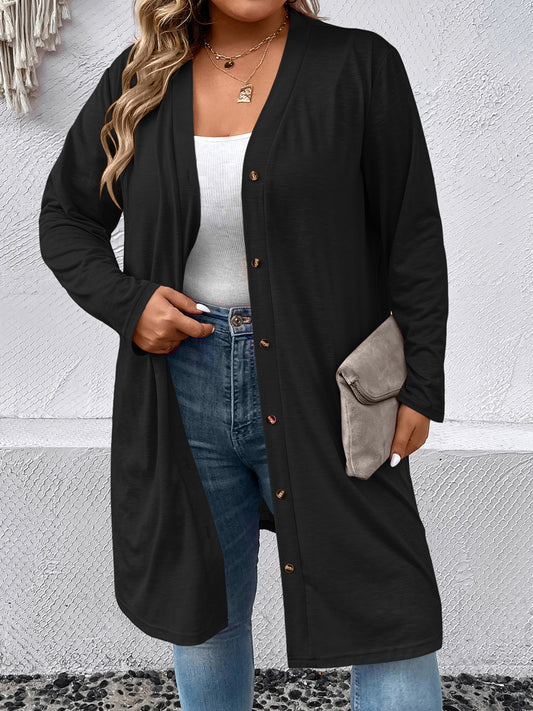 Plus Size Button Down Longline Cardigan - Kawaii Stop - Buttoned, Cardigan, Cardigans, Comfortable and Chic, Extended Sizes, Opaque, Plus Size Cardigan, Ship From Overseas, Shipping Delay 09/29/2023 - 10/03/2023, Slightly Stretchy, Versatile Styling, Women's Clothing, Z@Q