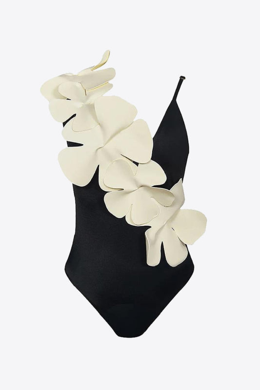 Flower Contrast One-Piece Swimsuit - Kawaii Stop - Applique Detail, Beach Swimwear, Comfortable Fit, Contrast Design, Flower Contrast One-Piece Swimsuit, One Piece Swimsuit, One Piece Swimsuits, Plunge Neckline, Ship From Overseas, Shipping Delay 09/29/2023 - 10/04/2023, Z&Y