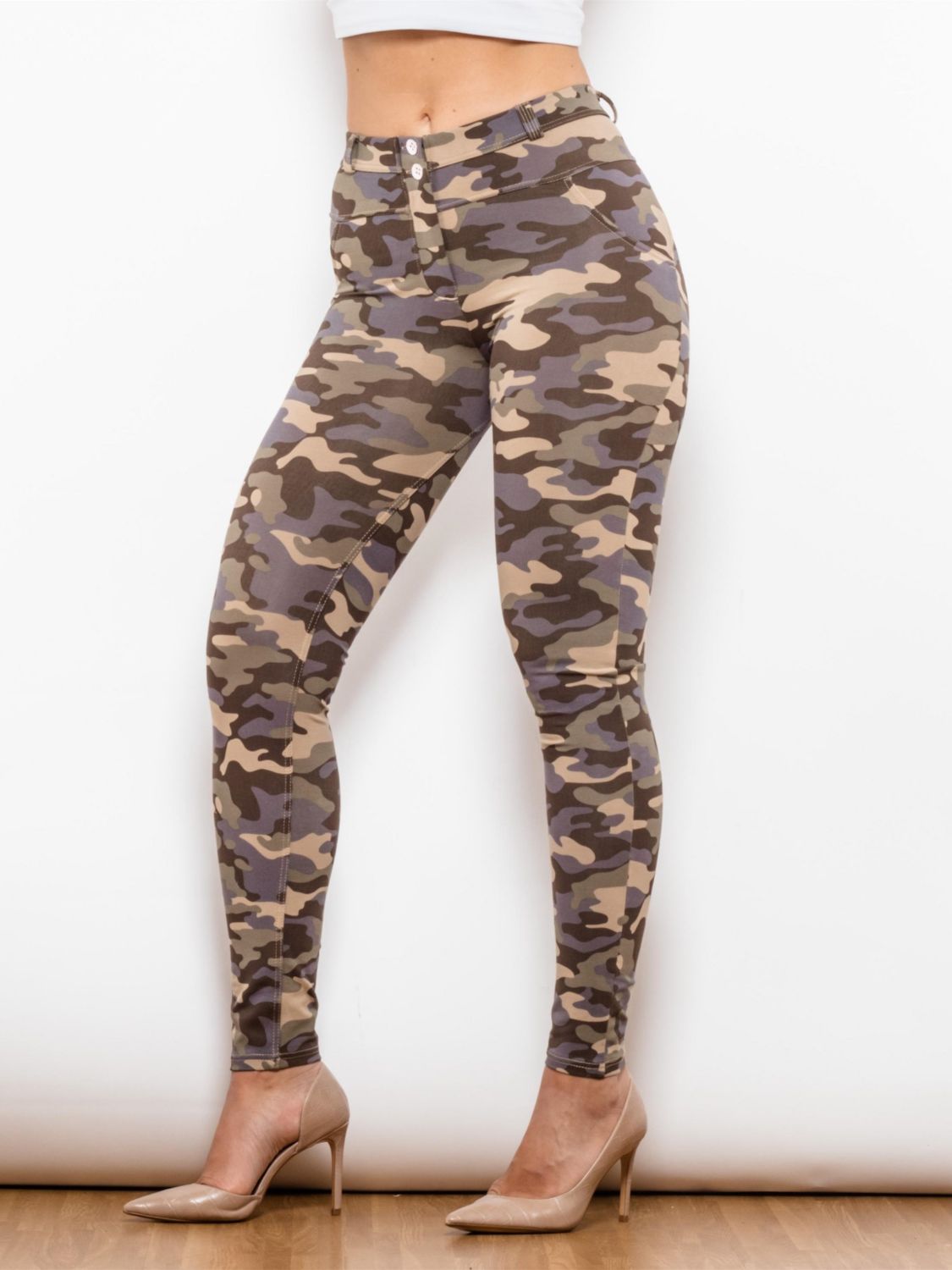 Full Size Camouflage Buttoned Leggings - Kawaii Stop - A&Z, Camouflage Leggings, Chic Style, Comfortable Fit, Confidence Booster, Easy Care, Fashion., Fashionista's Choice, Fitness and Fashion, Fitness Leggings, Gym-to-Street Fashion, Imported Leggings, Leggings, Moderate Stretch, Premium Material, Sculpted Look, Sheer Confidence, Ship From Overseas, Shipping Delay 09/29/2023 - 10/01/2023, Sleek Silhouette, Slim Fit, Trendy Leggings, Versatile, Women's Clothing, Women's Fashion