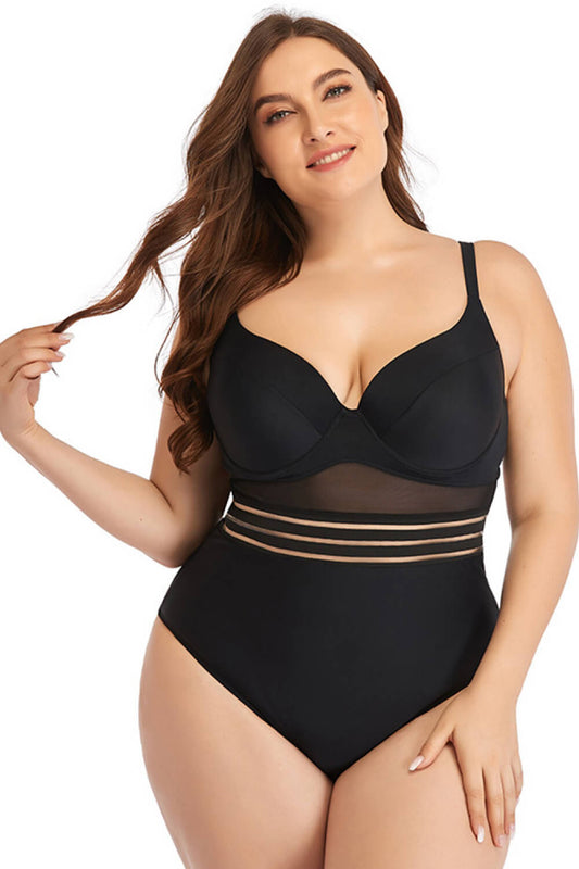 Plus Size Spliced Mesh Tie-Back One-Piece Swimsuit - Kawaii Stop - Beach Style, Nylon and Elastane, One Piece Swimsuit, One Piece Swimsuits, One-Piece Swimwear, Plus Size Chic, Plus Size Fashion, Ship From Overseas, Spliced Mesh, Stylish Swimsuit, Swimwear, Tie-Back Swimsuit, Underwire Support, Vacation Essentials, Y.D.S