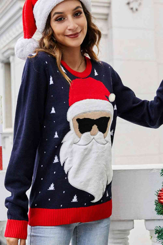 Christmas Santa Claus Ribbed Trim Sweater - Kawaii Stop - Acrylic sweater, Casual Christmas wear, Christmas, Christmas outfit, Cozy knitwear, Round neck sweater, Santa Claus sweater, Ship From Overseas, Yh