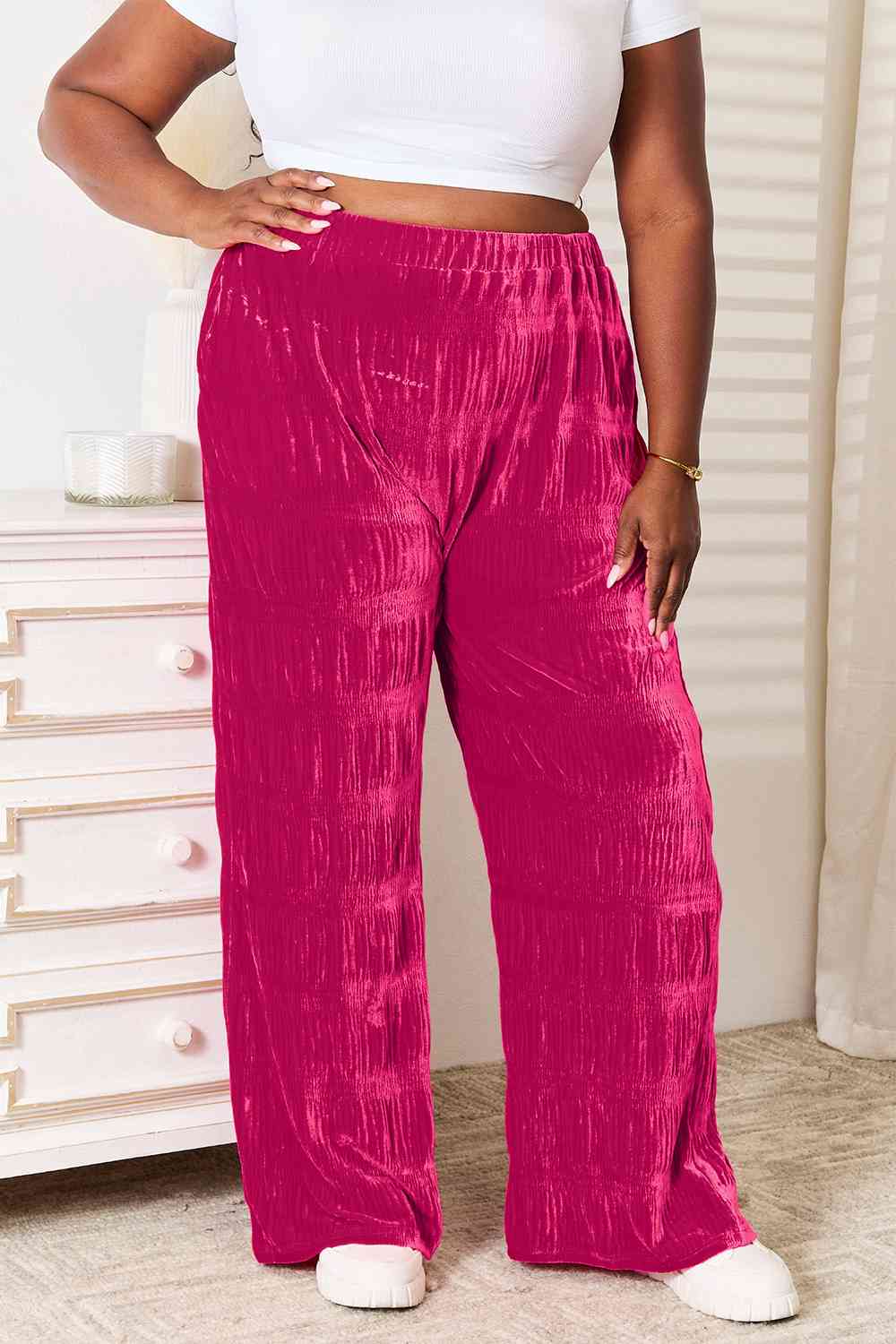 High Waist Tiered Shirring Velvet Wide Leg Pants - Kawaii Stop - Comfortable Fit, Double Take, Dramatic Style, Effortless Chic, Fashion and Functionality, High Waist, High-Quality Material, Opaque Fabric, Pockets for Convenience, Ship from USA, Tiered Shirring, Versatile Wear, Wardrobe Essential, Wide Leg Pants
