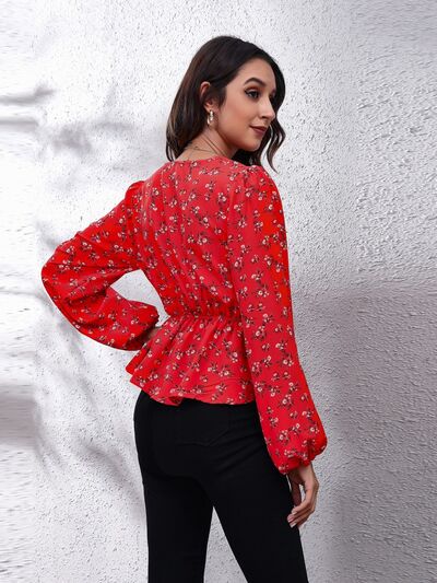 Floral V-Neck Balloon Sleeve Peplum Blouse - Kawaii Stop - B&S, Balloon Sleeves, Blouse, Easy Care, Elegance, Fashion, Floral Pattern, Imported, Peplum Design, Polyester, Ship From Overseas, Size Range, Stylish, Timeless Beauty, V-Neck, Wardrobe Essential, Women's Fashion