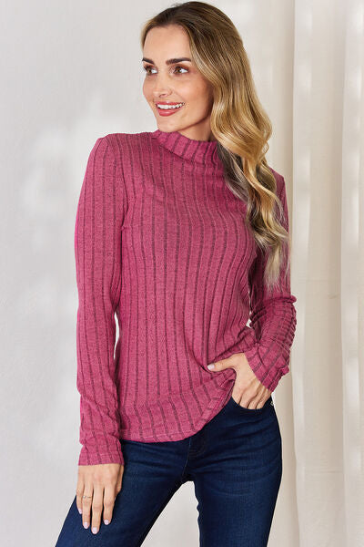 Ribbed Mock Neck Long Sleeve T-Shirt - Kawaii Stop - Basic Bae, Basic Style, Cozy and Stylish, Elegance and Comfort, Everyday Wear, Mock Neck Design, Ribbed Texture, Ship from USA, Slightly Stretchy, Sophisticated Look, Texture and Style