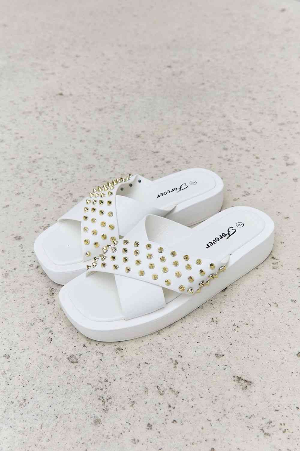 Studded Cross Strap Sandals in White - Kawaii Stop - Casual Style, Chic Comfort, Cross Strap Design, Faux Leather, Flat Heels, Flats, Forever Link, Modern Sophistication, Ship from USA, Slippers