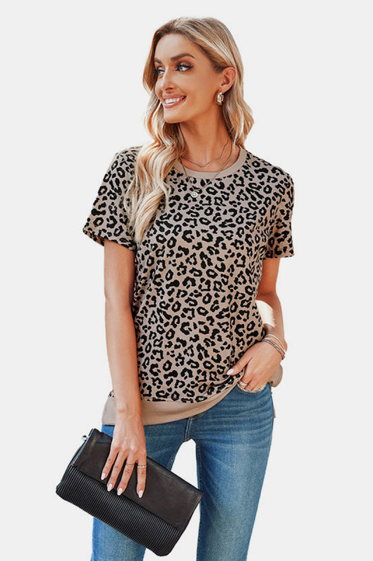 Leopard Print Short Sleeve Tee - Kawaii Stop - Chic Look, Color Block, Easy Care, Fashionable, Hand Washable, Leopard Print Tee, Patchwork, Polyester Blend, Relax Fit, Round Neck, Ship From Overseas, Short Sleeve, Stylish Tee, SYNZ, T-Shirt, T-Shirts, Tee, Trendy Fashion, Women's Clothing, Women's T-shirt, Women's Top