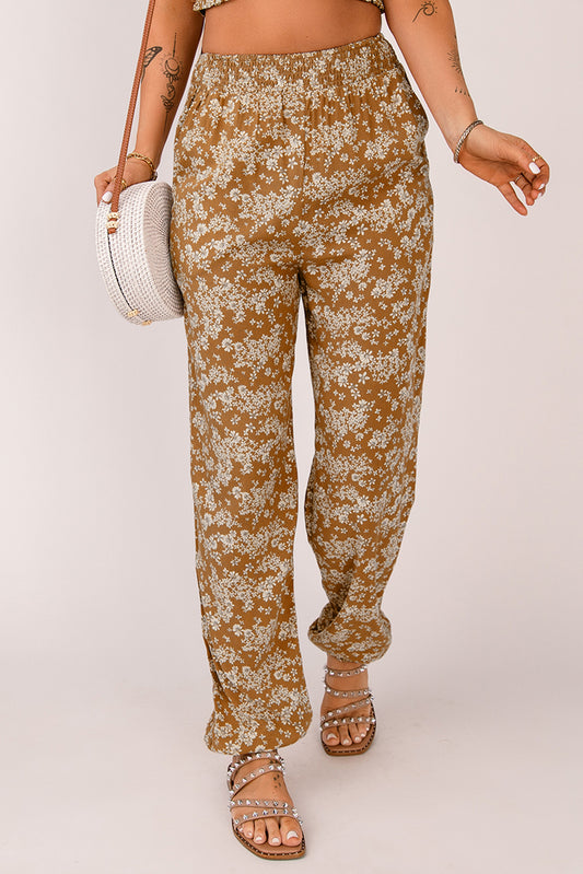 Floral Smocked Waist Pants - Kawaii Stop - Bottoms, Capris, Chic Clothing, Comfortable Wear, Easy Maintenance, Floral Pants, Imported Fashion, Must-Have Apparel, Pants, Pockets, Polyester Material, Ship From Overseas, Smocked Waist, SYNZ, Versatile Bottoms, Women's Clothing, Women's Fashion