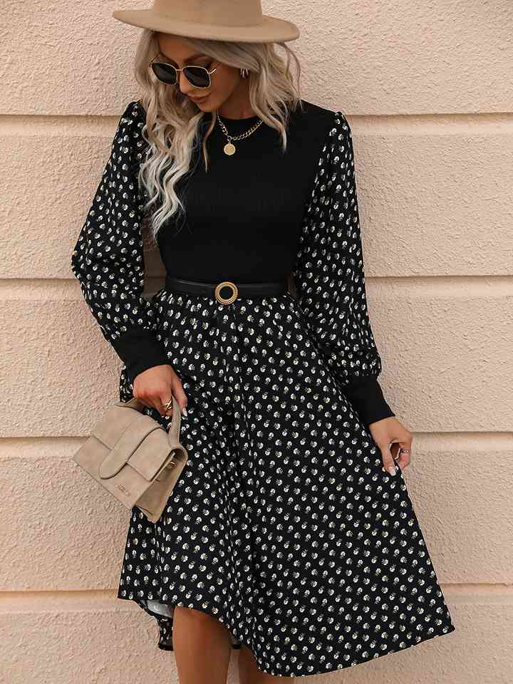 Printed Round Neck Long Sleeve Dress - Kawaii Stop - Ankle Boots, Fashion, HS, Long Sleeve Dress, Midi Dress, Printed, Round Neck, Ship From Overseas, Slightly Stretchy, Statement Belt, Trendy Look, Women's Clothing