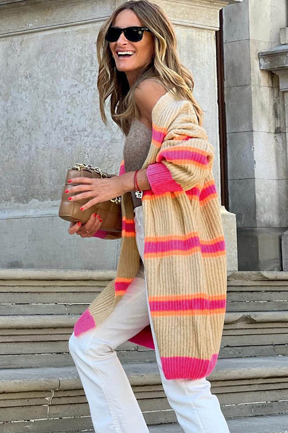 Ribbed Long Sleeve Cardigan - Kawaii Stop - Acrylic, Cardigan, Cardigans, Casual Style, Easy Care, Fashion Forward, Long Length, Ship From Overseas, Slightly Stretchy, Striped, SYNZ, Versatile Piece, Women's Clothing, Women's Fashion