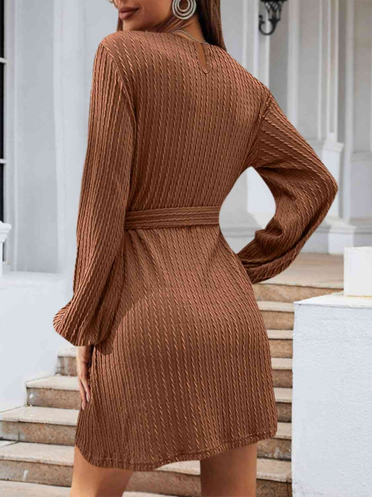 Round Neck Tie Front Long Sleeve Dress - Kawaii Stop - A@Y@Y, Basic Style, Classic Fashion, Dress for All Occasions, Effortless Elegance, Long Sleeve Dress, Ship From Overseas, Stylish Outfit, Tie Front Dress, Timeless Look, Versatile Dress, Women's Clothing