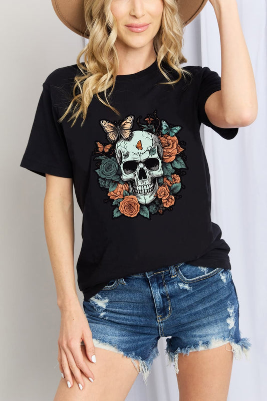 Full Size Skull Graphic Cotton T-Shirt - Kawaii Stop - Casual Style, Comfortable Material, Easy Care Instructions, Edgy Fashion, Everyday Chic Look, Halloween, High-Quality Fabric, Ship From Overseas, Shipping Delay 09/29/2023 - 10/02/2023, Simply Love, Skull Graphic T-Shirt, Unique and Stylish, Women's Wardrobe Essentials