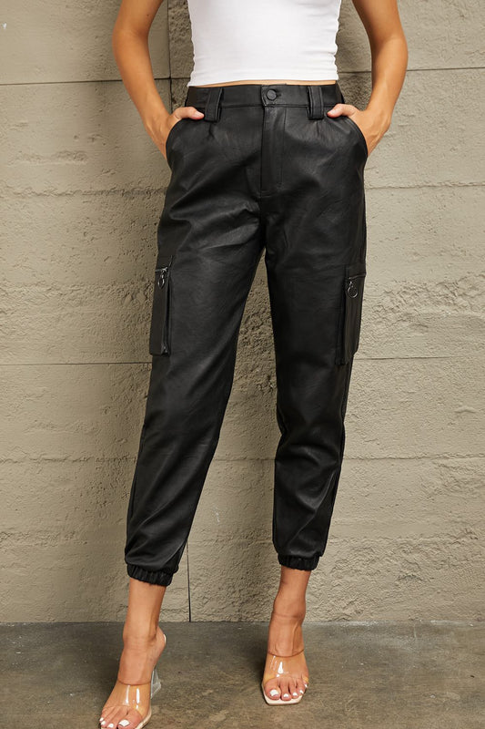 High Rise Leather Joggers - Kawaii Stop - Black Friday, Bottoms, Capris, Chic Style, Comfortable Fit, Cropped Length, Edgy Fashion, High Rise Leather Joggers, Kancan, Luxurious Leather, Pants, Pocketed Design, Ship from USA, Versatile Wardrobe Essential, Women's Clothing