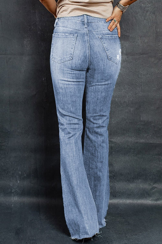 Distressed Raw Hem Flare Jeans - Kawaii Stop - casual style, chic jeans, comfortable fit, cotton blend, distressed jeans, easy care, everyday wear, fashion-forward, Jeans, Jeans for Women, long jeans, must-have attire, Ship From Overseas, statement accessories, SYNZ, trendy fashion, versatile fashion, wardrobe essential, Women's Clothing