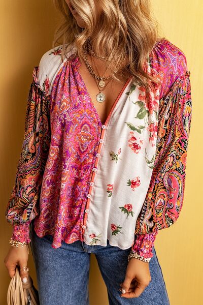 Plus Size Frill Printed V-Neck Long Sleeve Blouse - Kawaii Stop - Charming Print, Comfortable Fit, Confidence in Style, Easy Care, Elegant Plus Size Blouse, Fashion Forward, Feminine Details, Ship From Overseas, Shipping delay February 8 - February 16, Stylish Accessories, SYNZ, Versatile Fashion