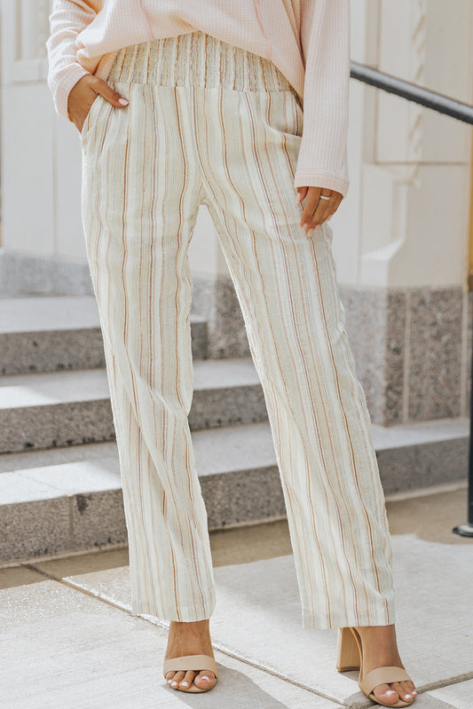 Striped Smocked Waist Wide Leg Pants - Kawaii Stop - Bottoms, Breathable Fabric, Capris, Casual Chic, Easy Care, Elegant Silhouette, Pants, Ship From Overseas, Smocked Waist, Statement Piece, Striped Pattern, SYNZ, Trendy Style, Wide Leg Pants, Women's Clothing