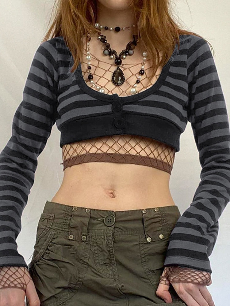 90s Grunge Style Striped Cropped Top - Kawaii Stop - Button Up, Crop Tops, Cropped Tops, Grey, Grunge, Long Sleeve, mall gothic, Print, Punk, Sexy, Slim, Streetwear, Striped, T-Shirts, Tops &amp; Tees, U-Neck, Women's Clothing &amp; Accessories