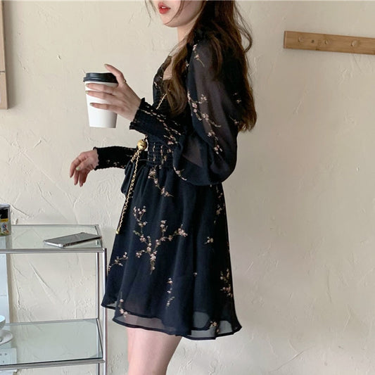 Vintage Flower Puff Sleeve Dress - Kawaii Stop - All Dresses, Autumn, Black, Casual, Chiffon, Clothes, Dress, Dresses, Flower, Korean, Long puff sleeve, Mini, Mujer, Sexy, Vestidos, Vintage, Women's, Women's Clothing &amp; Accessories