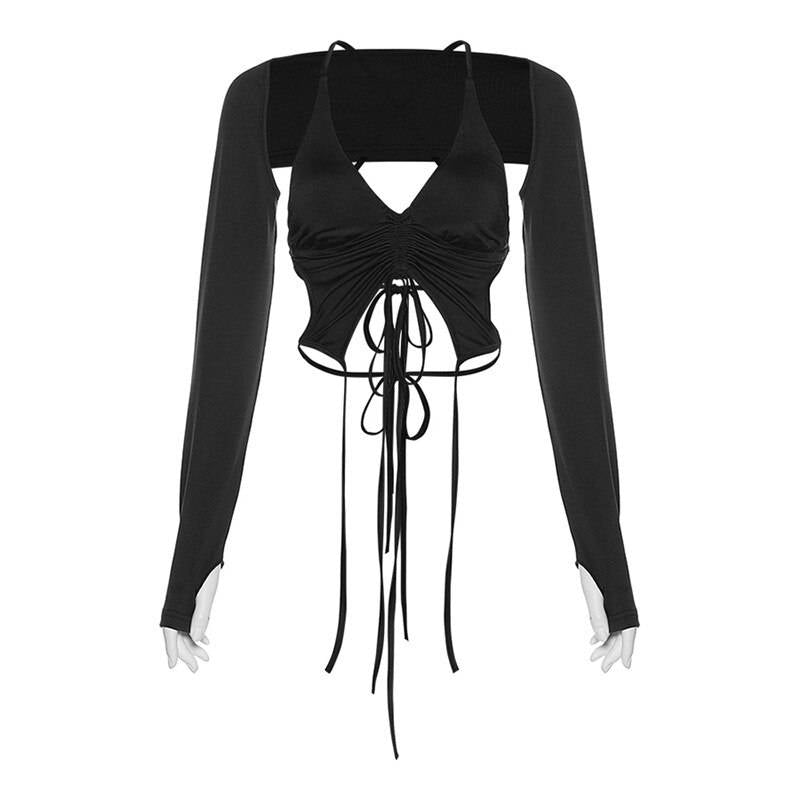 Backless Long Sleeve Crop Tops - Kawaii Stop - 2pc Set, Backless, Bandage, Blouses &amp; Shirts, Bodycon, Camis, Camis &amp; Tops, Crop Tops, Dark, Drawstring, Goth, Long Sleeve, Punk, Sexy, Streetwear, Summer, Techwear, Tops &amp; Tees, Tops6971, Women, Women's Clothing &amp; Accessories, Y2k