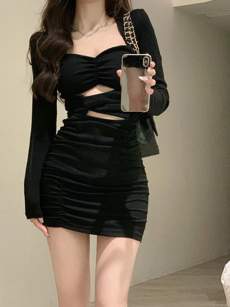 Short Black Bodycon Dress - Kawaii Stop - All Dresses, Autumn, Black, Bodycon Dress, Dresses, Elegant, Korea, Long Sleeve, Mini Dress, Office Lady, Party Dress, Pure Color, Short, Vintage, Women, Women's Clothing &amp; Accessories, Y2k