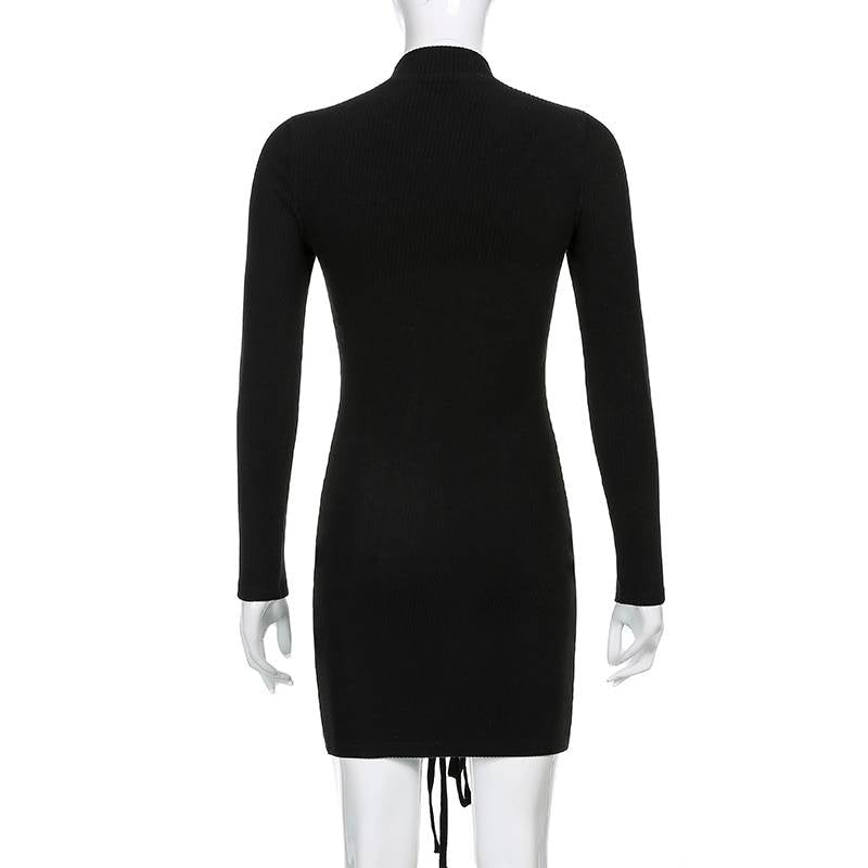Black Tie Up Dress for Autumn - Kawaii Stop - All Dresses, Autumn Basic, Bandage, Black, Bodycon Dress, Casual, Dresses, Knitted, Ladies, Long Sleeve, Mini Dresses, Skinny, Techwear Dresses, Tie Up, Winter Fashion., Women's Clothing &amp; Accessories