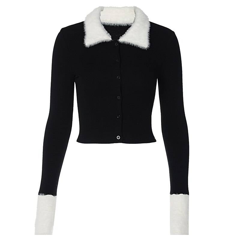 Casual Long Sleeve Blouses - Kawaii Stop - Blouses, Blouses &amp; Shirts, Casual, Crop Tops, Dark, Fashion, Faux, Fur, Goth, Gothic, Grunge, Long Sleeve, Mall, Patchwork, Shirts, Single-Breasted, Tops &amp; Tees, Women, Women's Clothing &amp; Accessories, Y2k