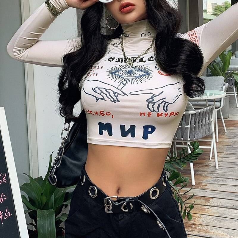 Casual Stretch Slim Crop Tops - Kawaii Stop - Autumn, Camis &amp; Tops, Casual, Crop Tops, Fashion, Full Sleeve, Funny Print, High Street, Slim, Stretch, Tight, Tops &amp; Tees, Women, Women's Clothing &amp; Accessories