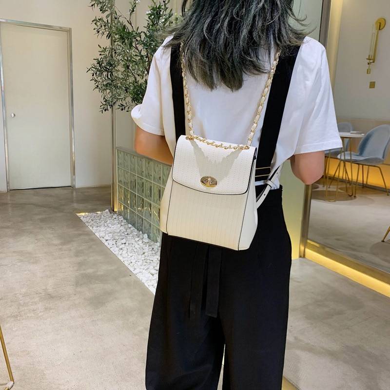 Chain Detail Backpack - Kawaii Stop - Backpacks, Black, Cute, Fashion, Harajuku, Japanese, Kawaii, Korean, Polyester, Silt Pocket, Thread, White, Women Bags &amp; Wallets