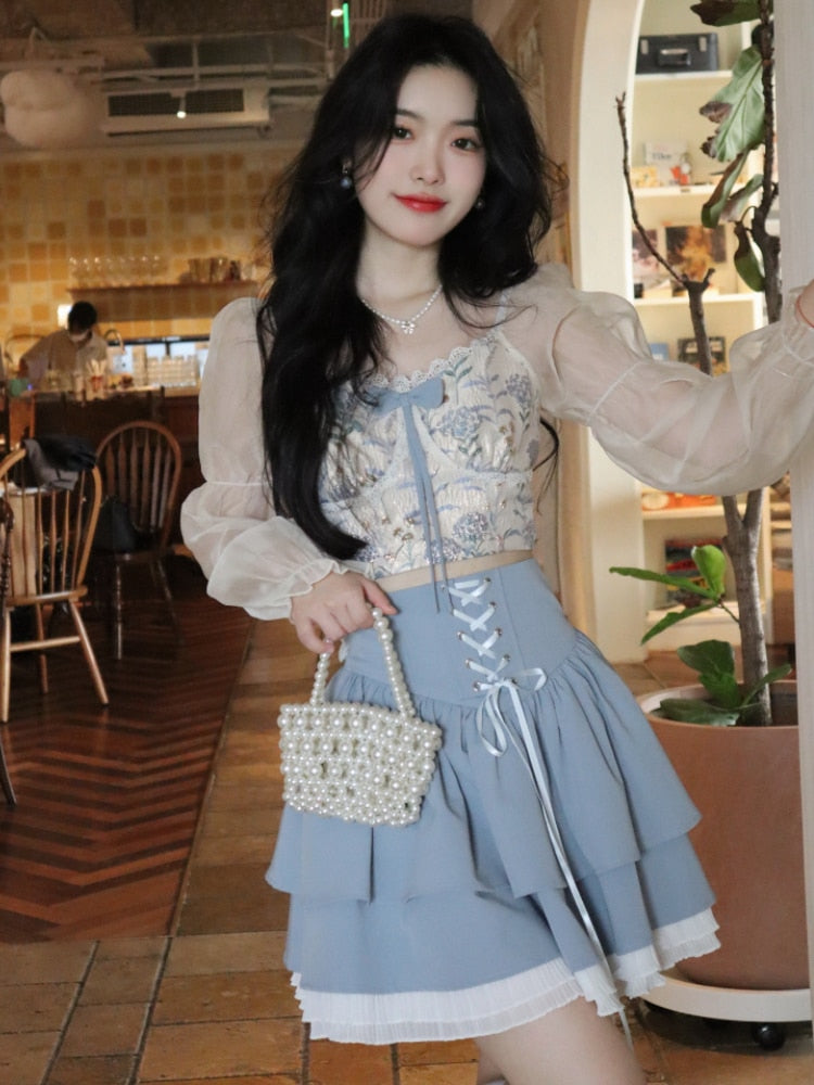 Pastel Blouse and Skirt Set - Kawaii Stop - Autumn, Blouse, Blouses &amp; Shirts, Bottoms, Bow, Casual, chic, Chiffon, Elegant, Female, Floral, Korean Fashion, Long Sleeve, Outdoor, Skirts, Slim, Sweet, Tops, Tops &amp; Tees, Women, Women's Clothing &amp; Accessories