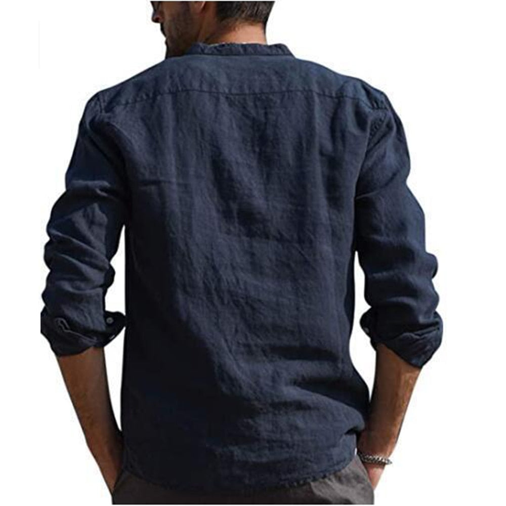 Casual Beach Style Linen Shirt - Kawaii Stop - Beach Style, Casual, Cotton, Hot Sale, Linen, Long-Sleeved, Men's, Men's Clothing &amp; Accessories, Men's T-Shirts, Men's Tops &amp; Tees, Plus Size, Shirts, Solid Color, Stand-up Collar, Summer