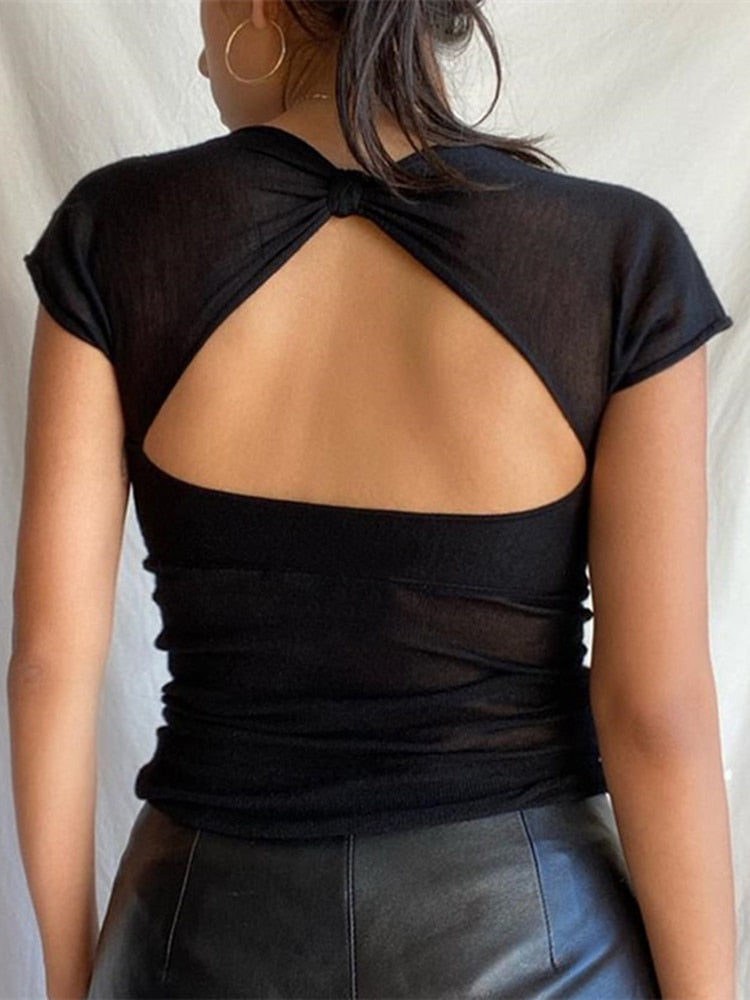 Sexy Backless Cropped Top - Kawaii Stop - Backless, Blouses &amp; Shirts, Clothes, Collar, Cropped, Cryptographic, Elegant, For, Sexy, Short, Skinny, Sleeve, Square, Streetwear, Summer, Tees, Top, Tops, Tops &amp; Tees, Women, Women's Clothing &amp; Accessories