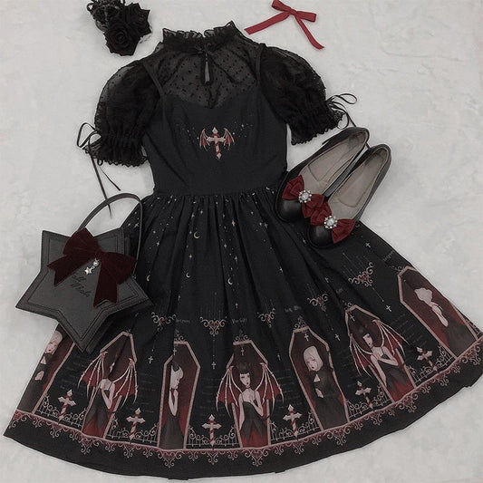 Dark Devil Lolita Jsk Dress - Kawaii Stop - All Dresses, Bandage, Black, Dark, Devil, Dress, Dresses, Goth, Gothic, Japanese, JSK, Loli, Lolita, Lolita Dresses, Print, Sexy, Style, Suspender, Sweet, Victorian, Women's Clothing &amp; Accessories