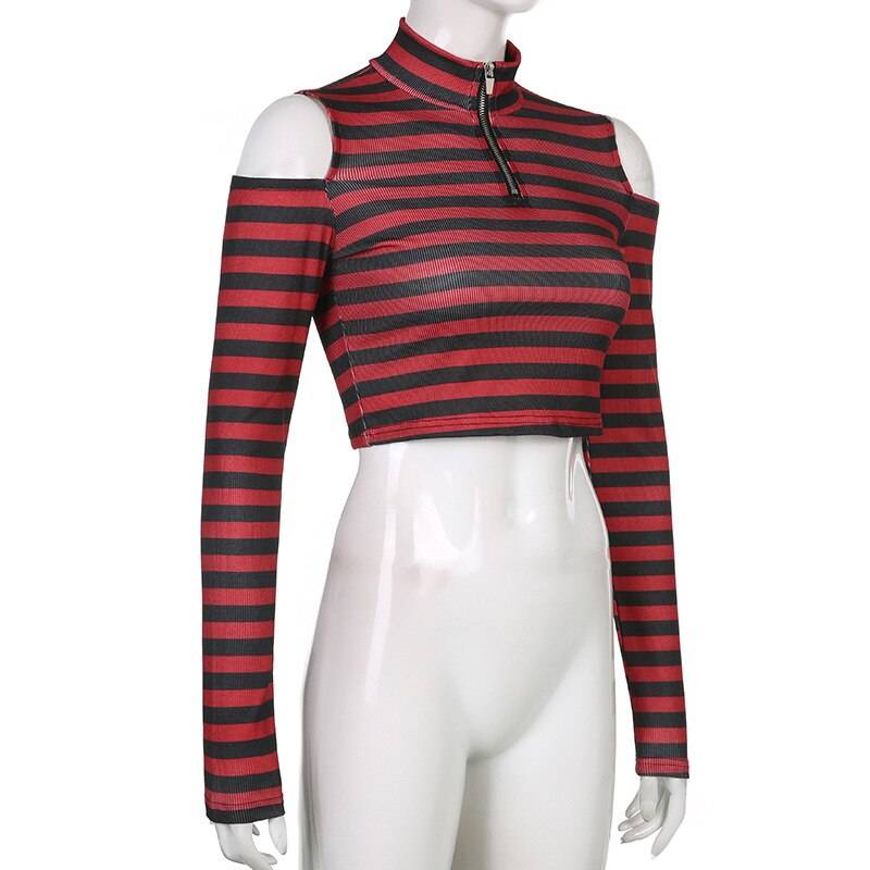 Dark Grunge Striped Crop Top - Kawaii Stop - Aesthetic, Basic, Bodycon, Camis &amp; Tops, Casual, Crop, Dark, E Girl, Goth, Gothic, Grunge, Long Sleeve, Mall, Open Shoulder, Punk, Striped, T-Shirts, Tee, Tops, Tops &amp; Tees, Women's Clothing &amp; Accessories