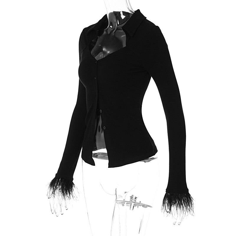 Dark Sexy Casual Blouses - Kawaii Stop - Black, Blouses, Blouses &amp; Shirts, Casual, Dark, Feather, Goth, Gothic, Grunge, Long Sleeve, Sexy, Shirts, Skinny, Splice, T-Shirts, Tops, Tops &amp; Tees, Turn-Down Collar, Women, Women's Clothing &amp; Accessories, Y2k