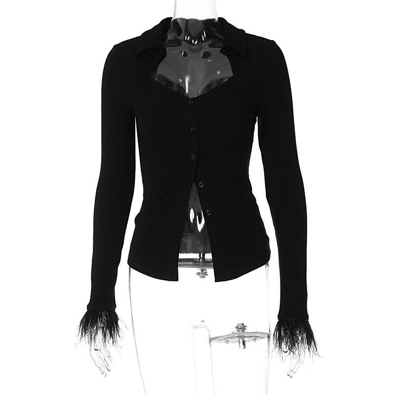 Dark Sexy Casual Blouses - Kawaii Stop - Black, Blouses, Blouses &amp; Shirts, Casual, Dark, Feather, Goth, Gothic, Grunge, Long Sleeve, Sexy, Shirts, Skinny, Splice, T-Shirts, Tops, Tops &amp; Tees, Turn-Down Collar, Women, Women's Clothing &amp; Accessories, Y2k