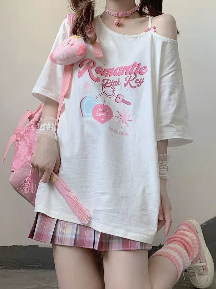Romantic Pink Key T-shirt - Kawaii Stop - Cute, Double Romantic., Fashion, Graphic Tees, Kawaii, Key Pink Room, Korean, Off Shoulder, Off The Shoulder Tops, Pink, Pink Room, Romantic, Romantic Pink Key, Sexy, Shirt, Sweet Girl, T Shirt, T-Shirts, Tops &amp; Tees, Women, Women's Clothing &amp; Accessories, Y2k