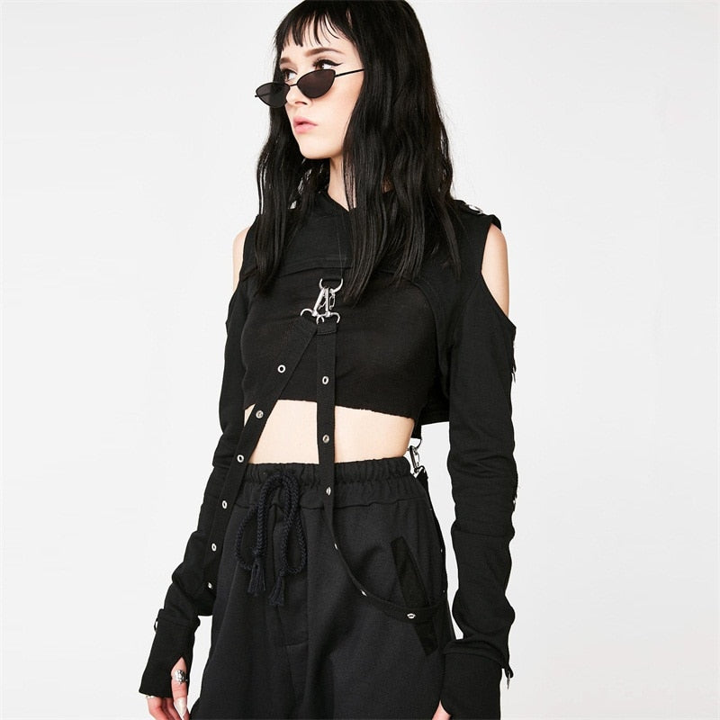 Goth Cropped Hoodie - Kawaii Stop - Adorable, Aesthetic, Alt, Black, Camis &amp; Tops, Clothes, Cute, Emo, Fashion, Goth, Gothic, Harajuku, Hollow Out, Hooded, Japanese, Kawaii, Korean, Long Sleeve, Magic, Off Shoulder, Pastel, Shirt, Solid, Street Fashion, Streetwear, Summer, T-Shirts, Tee, Tops, Tops &amp; Tees, Women, Women's Clothing &amp; Accessories, Woven