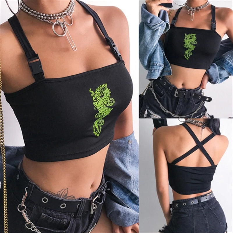 Sexy Buckle Vest Crop Top - Kawaii Stop - Boob Tube, Bralet, Buckle, Cami Tank Top, Crop Top, Crop Tops, Dragon Embroidery, Fashion, Hot Summer, Sexy, Sheer, Stylish, Tops &amp; Tees, Vest, Women, Women's Clothing &amp; Accessories