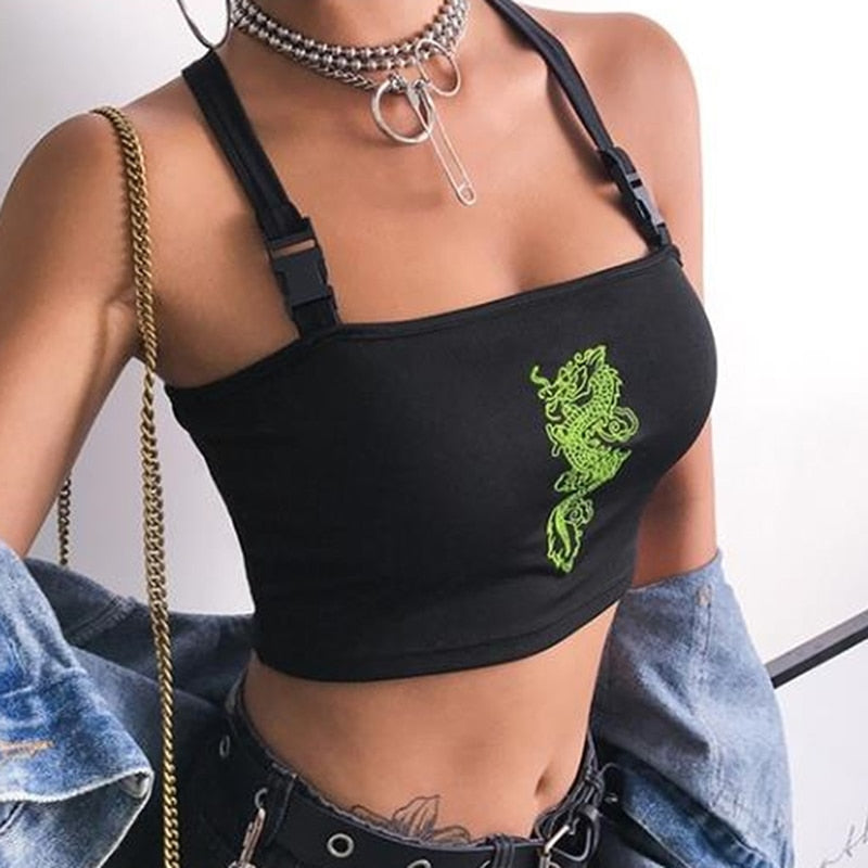 Sexy Buckle Vest Crop Top - Kawaii Stop - Boob Tube, Bralet, Buckle, Cami Tank Top, Crop Top, Crop Tops, Dragon Embroidery, Fashion, Hot Summer, Sexy, Sheer, Stylish, Tops &amp; Tees, Vest, Women, Women's Clothing &amp; Accessories