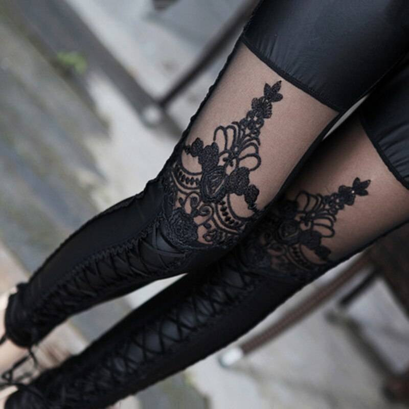 Faux Leather Gothic Leggings - Kawaii Stop - Belt, Bottoms, Faux, Gothic, Lace, Leather, Leggings, Nine-point, Pants, Pants &amp; Capris, Punk, Sexy, Simulated, Skinny, Stylish, Trousers, Women, Women's Clothing &amp; Accessories