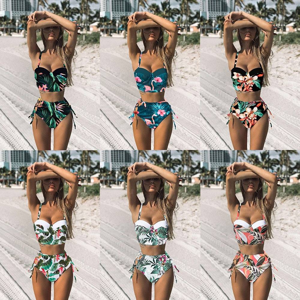 Floral Bikinis - Kawaii Stop - Autumn, Bikini, Floral, High Waist, Nylon, Padded, Set, Spandex, Spring, Summer, Swimsuits, Two Piece Swimsuits, Underwire, Winter, Women's Clothing &amp; Accessories