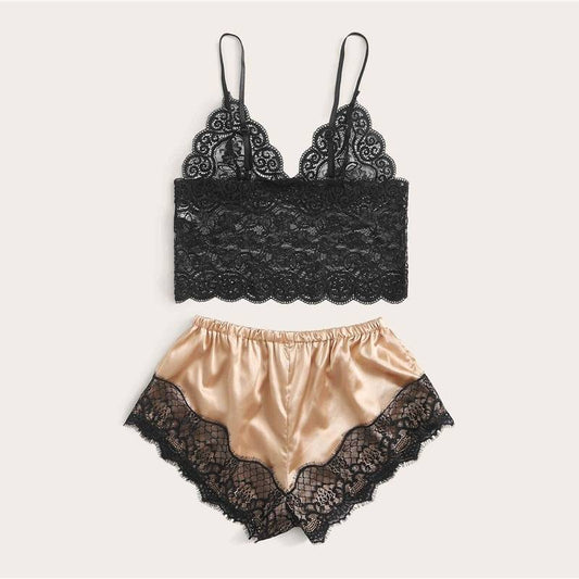Floral Lace Bralette with Satin Shorts Set for Women - Kawaii Stop - Kawaii Shop