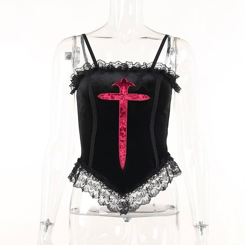 Goth Cross Pattern Top - Kawaii Stop - Aesthetic, Alt, Black, Camis, Camis &amp; Tops, Clothes, Crop Tops, Cross, Dark, Emo, Goth, Gothic, Grunge, Hem, Lace, Mall, Pattern, Punk, Streetwear, Tops &amp; Tees, Velvet, Women, Women's Clothing &amp; Accessories