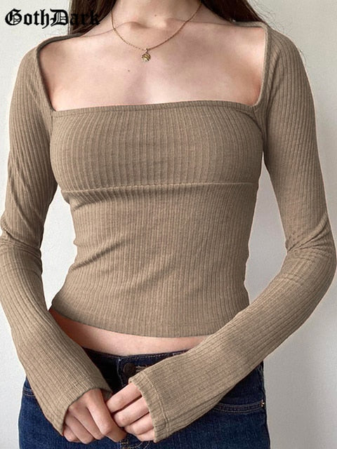 Knitted Long Sleeve Crop Tops - Kawaii Stop - Basic, Casual, Collar, Crop Tops, Dark, Fall, Goth, Gothic, Knitted, Long Sleeve, Ribbed, Sexy, Skinny, Square, T Shirt, T-Shirts, Tops &amp; Tees, Women, Women's Clothing &amp; Accessories, Y2k