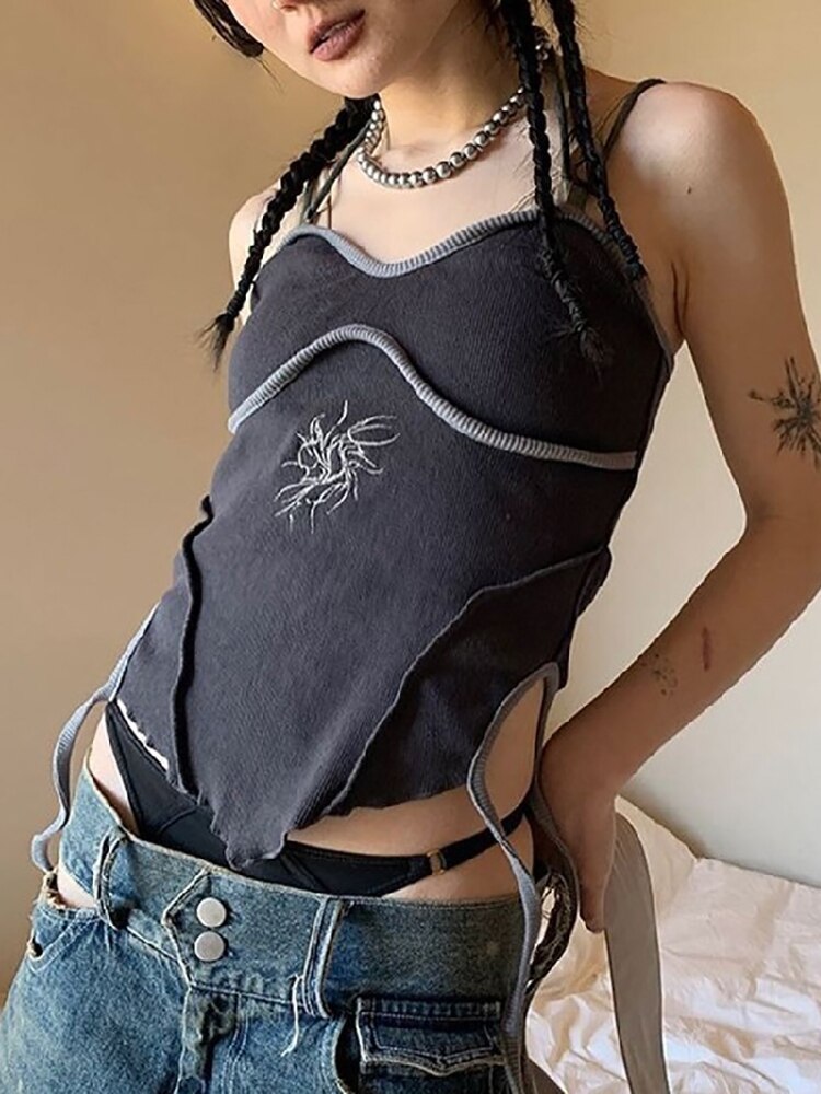 Backless Punk Cami - Kawaii Stop - Aesthetic, Backless, Camis, Camis &amp; Tops, Casual, Clothing, Contrast, Crop Tops, Dark, Goth, Gothic, Print, Ruffles, Sexy, Stitching, Techwear, Tops &amp; Tees, Tops6971, Vintage, Women, Women's Clothing &amp; Accessories, Y2k Punk