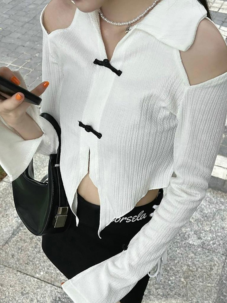 Open Shoulder Chinese Style Blouses - Kawaii Stop - Blouses, Blouses &amp; Shirts, Chinese, Crop Tops, Dark, Fashion, Goth, Gothic, Grunge, Long Sleeve, Open Shoulder, Style, T-Shirts, Techwear, Tops &amp; Tees, Tops6971, Turn-Down Collar, Women, Women's Clothing &amp; Accessories, Y2k