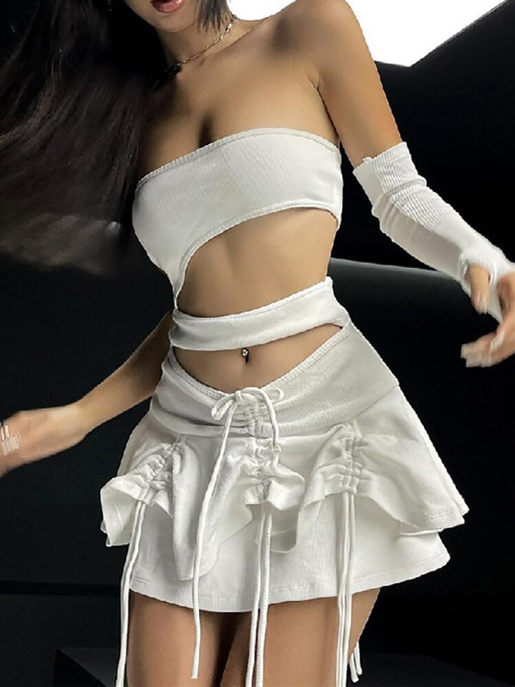 Sexy Fairycore Mini Dress - Kawaii Stop - Aesthetic, All Dresses, Cute, Dark, Drawstring, Dress, Dresses, Elf, Fairycore, Glove, Goth, Hollow Out, Mini, Outfit, Sexy, Strapless, White, Women, Women's Clothing &amp; Accessories, Y2k