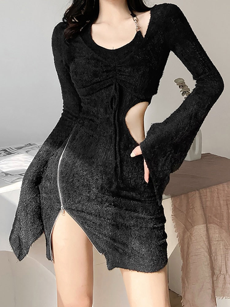Sexy Winter Split Dress - Kawaii Stop - 2 Piece, All Dresses, Crop Tops, Cut Out, Dark, Dress, Dresses, Fluffy, Goth, Gothic, Grunge, Knitted, Lace Up, Party, Punk, Sets, Sexy, Side, Winter, Women's Clothing &amp; Accessories, Y2k, Zip