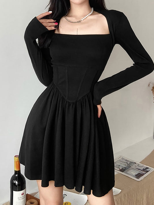 Long Sleeve Grunge A-line Dress - Kawaii Stop - A-Line, All Dresses, Alt, Black, Bodycon, Corset, Dark, Dress, Dresses, Goth, Gothic, Grunge, Long Sleeve, Mall, Neck, Partywear, Sexy, Square, Women, Women's Clothing &amp; Accessories, Y2k