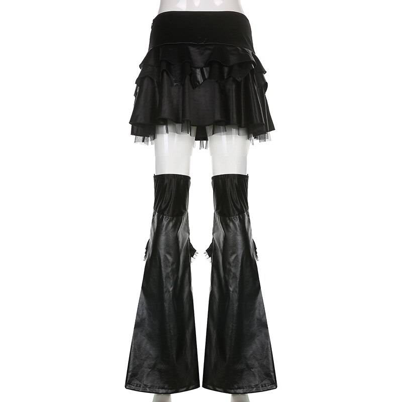 Gothic Black Mini Skirt With Flare Pants - Kawaii Stop - 2pc Sets, Alt, Black, Bottoms, Dark, Emo, Fashion, Faux Pu, Flare, Goth, Gothic, Grunge, Mall, Pants, Pants &amp; Capris, Patchwork, Punk, Skirts, Streetwear, Trousers, Women, Women's Clothing &amp; Accessories